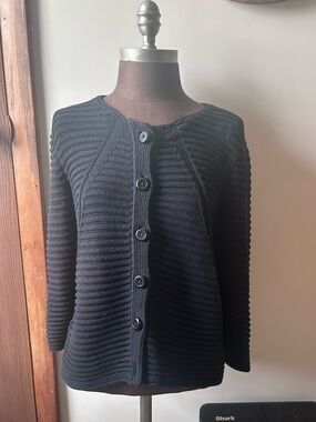 Anne Klein Black Ribbed Button-Front Cardigan